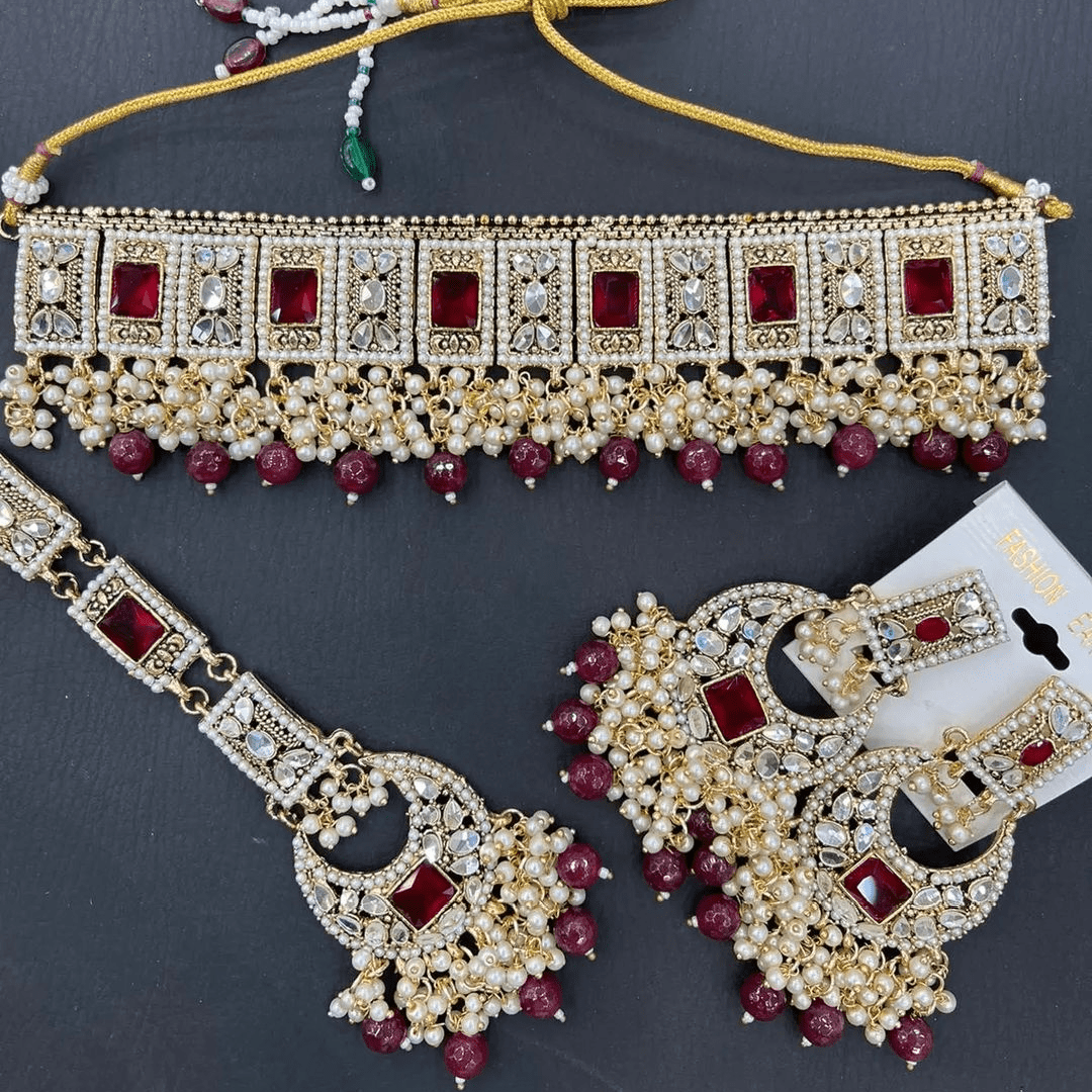 Asian Bridal 3 Piece Kundan Choker Necklace Jewellery Set