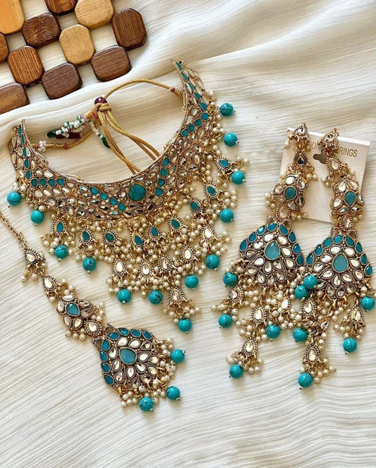 Asian Bridal 3 Piece Gold & Teal Kundan Choker Necklace Jewellery Set