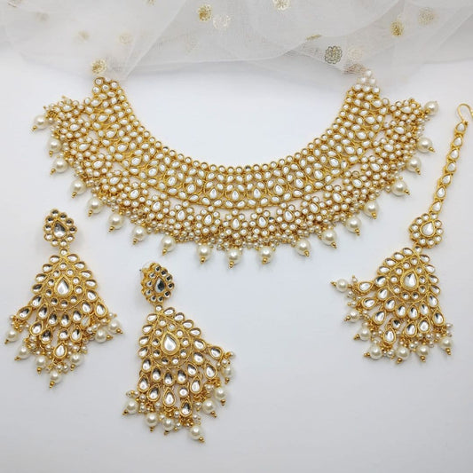 Asian Bridal 3 Piece Gold & White Kundan Necklace Jewellery Set