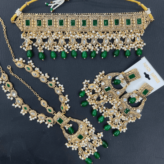 Asian Bridal 3 Piece Green Kundan Choker Necklace Jewellery Set