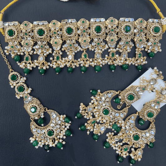 Asian Bridal 3 Piece Green Kundan Choker Necklace Jewellery Set