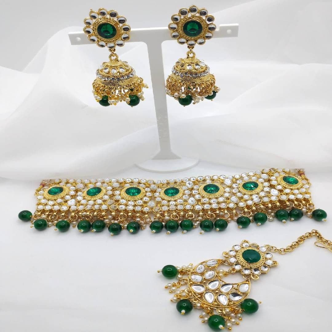 Asian Bridal 3 Piece Green & Gold Kundan Choker Necklace Jewellery Set