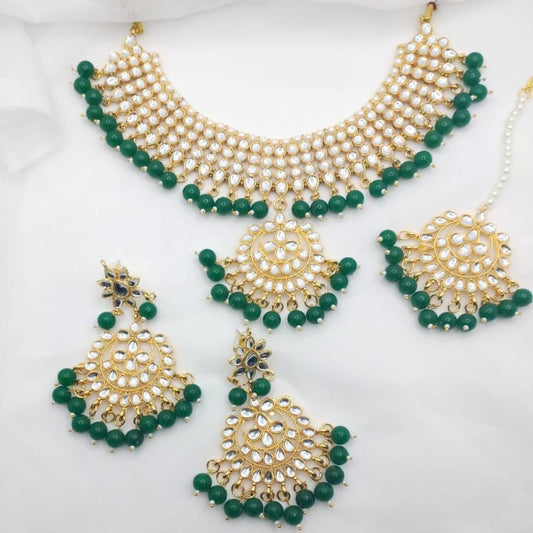 Asian Bridal 3 Piece Green & Gold Kundan Necklace Jewellery Set