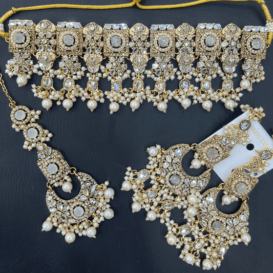 Asian Bridal 3 Piece Ivory Kundan Choker Necklace Jewellery Set