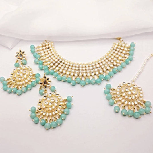 Asian Bridal 3 Piece Mint Green & Gold Kundan Necklace Jewellery Set