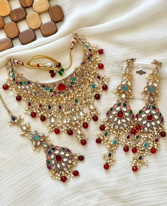 Asian Bridal 3 Piece Multicoloured Choker Necklace Jewellery Set