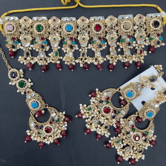 Asian Bridal Multicoloured Kundan Choker Necklace Jewellery Set