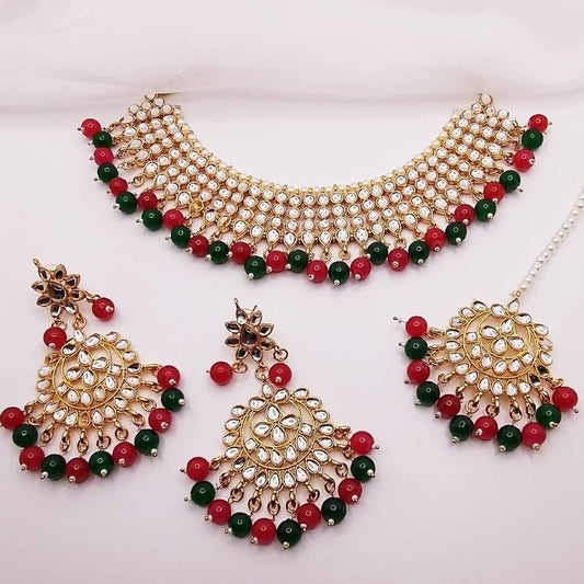 Asian Bridal 3 Piece Multicoloured Necklace Kundan Jewellery Set