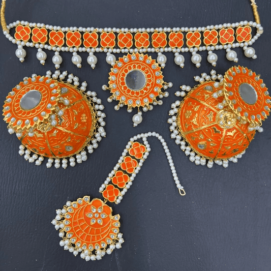 Asian Bridal 3 Piece Orange Painted Meenakari Choker Necklace Kundan Jewellery Set