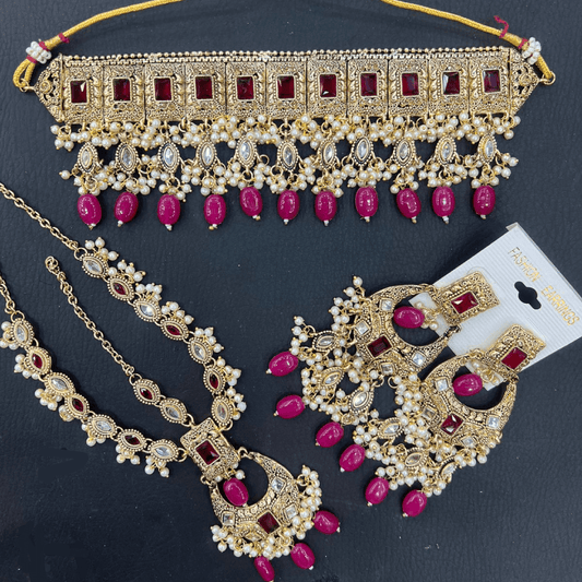 Asian Bridal 3 Piece Pink Choker Necklace Kundan Jewellery Set