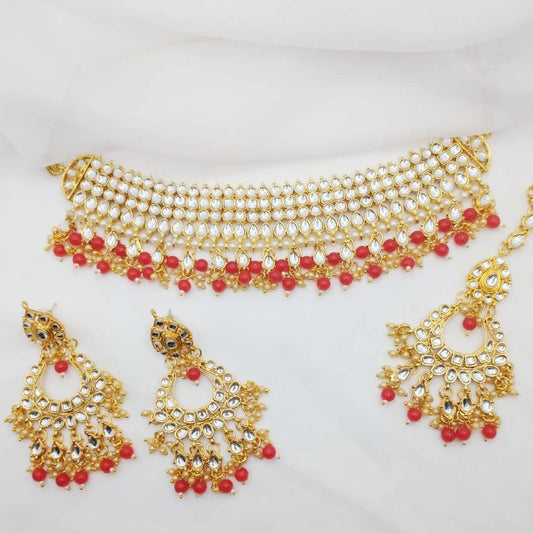 Asian Bridal 3 Piece Red & Gold Choker Necklace Kundan Jewellery Set