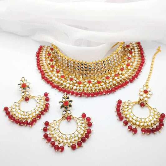 Asian Bridal 3 Piece Red & Gold Necklace Jewellery Set