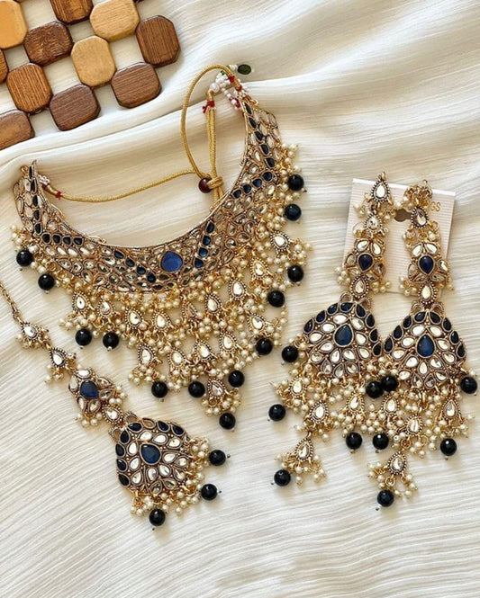 Asian Bridal 3 Piece Royal Blue Kundan Necklace Jewellery Set