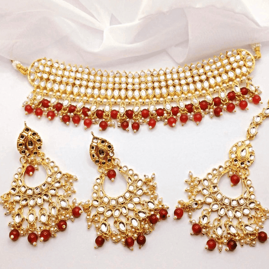 Asian Bridal 3 Piece Ruby & Gold Choker Necklace Kundan Jewellery Set