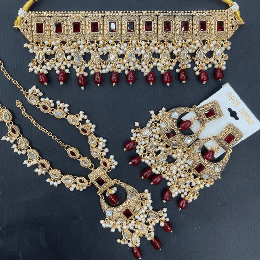 Asian Bridal 3 Piece Ruby Red Choker Necklace Kundan Jewellery Set