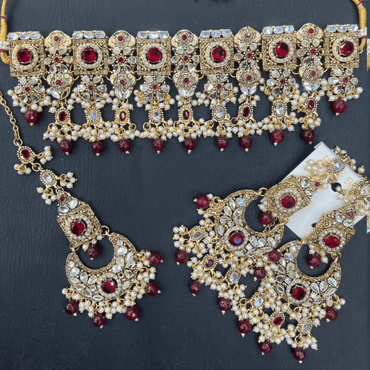 Asian Bridal 3 Piece Ruby Red Choker Necklace Kundan Jewellery Set