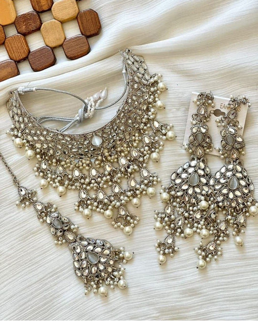 Asian Bridal 3 Piece Silver Chocker Necklace Kundan Jewellery Set