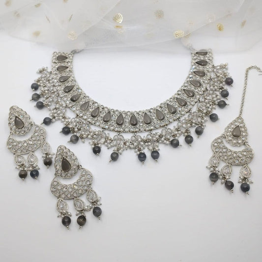 Asian Bridal 3 Piece Silver & Gray Necklace Kundan Jewellery Set