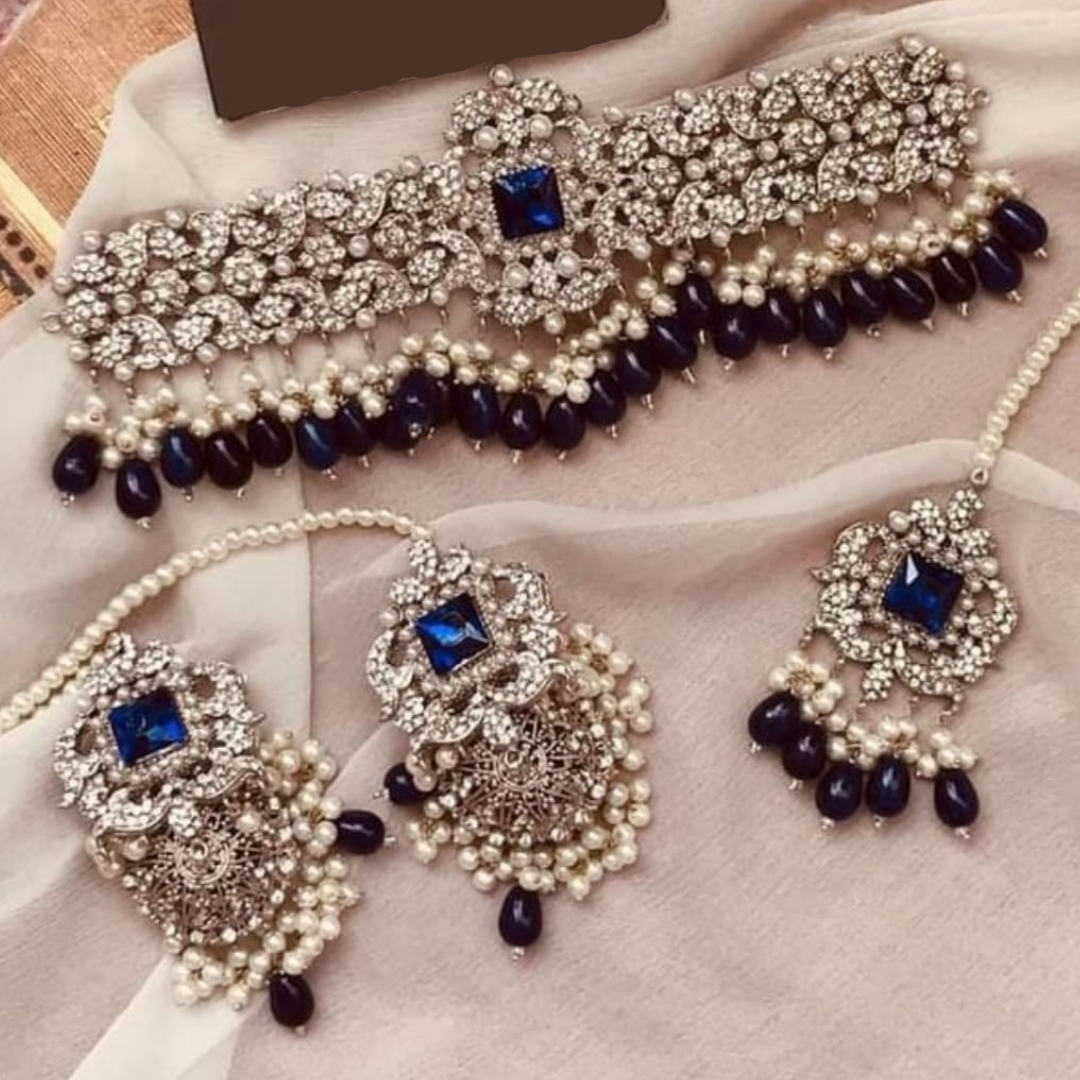 Asian Bridal 3 Piece Kundan Choker Necklace Jewellery Set