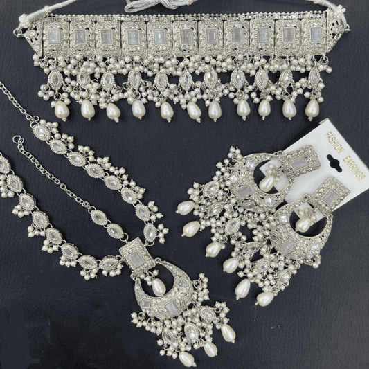 Asian Bridal 3 Piece Silver & White Choker Necklace Kundan Jewellery Set