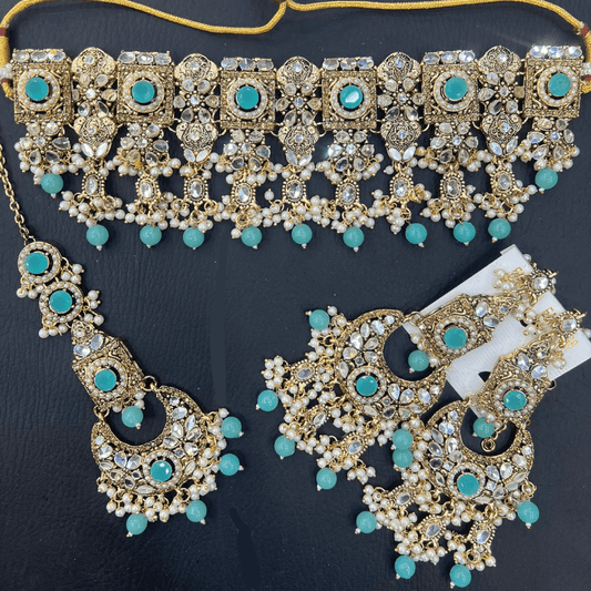 Asian Bridal 3 Piece Teal Choker Necklace Kundan Jewellery Set