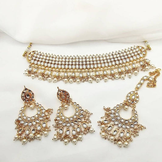 Asian Bridal 3 Piece White & Gold Choker Necklace Kundan Jewellery Set