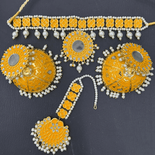 Asian Bridal 3 Piece Yellow Painted Meenakari Choker Necklace Kundan Jewellery Set