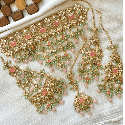 Asian Bridal 4 Piece Baby Pink & Mint Green Kundan Necklace Jewellery Set