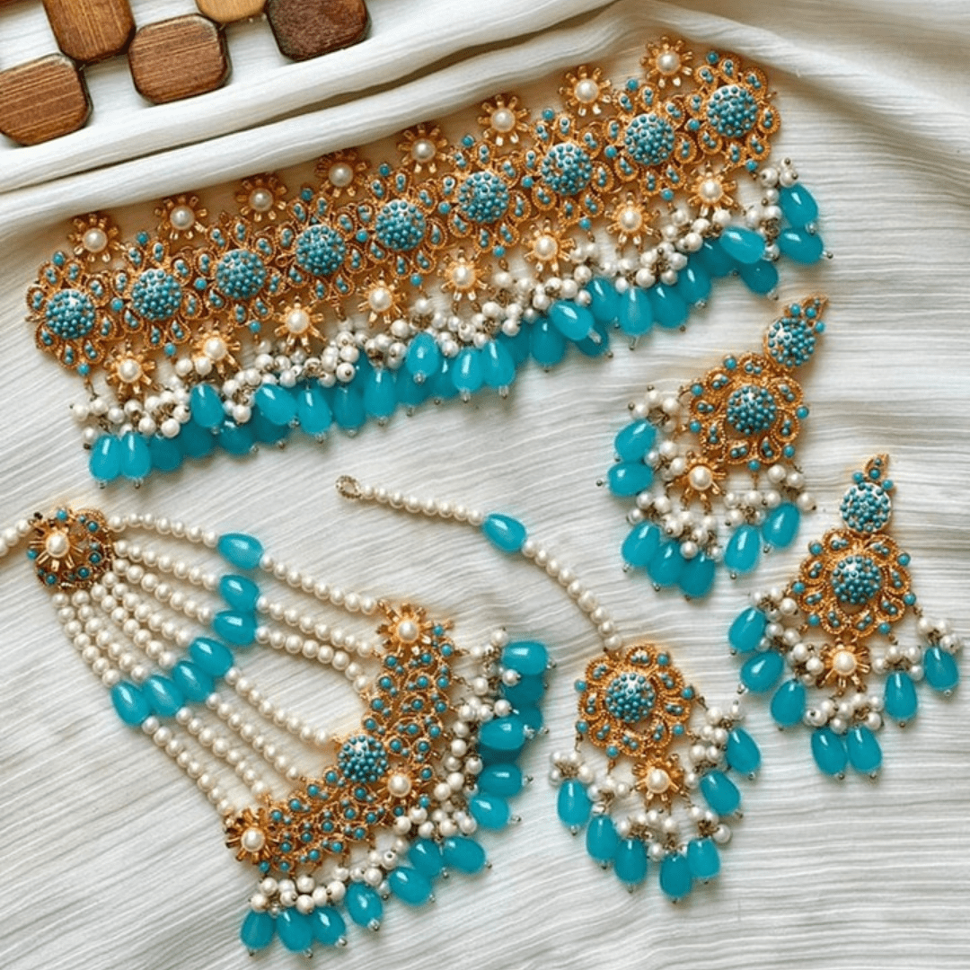 Asian Bridal 4 Piece Gold & Baby Blue Choker Necklace Kundan Jewellery Set