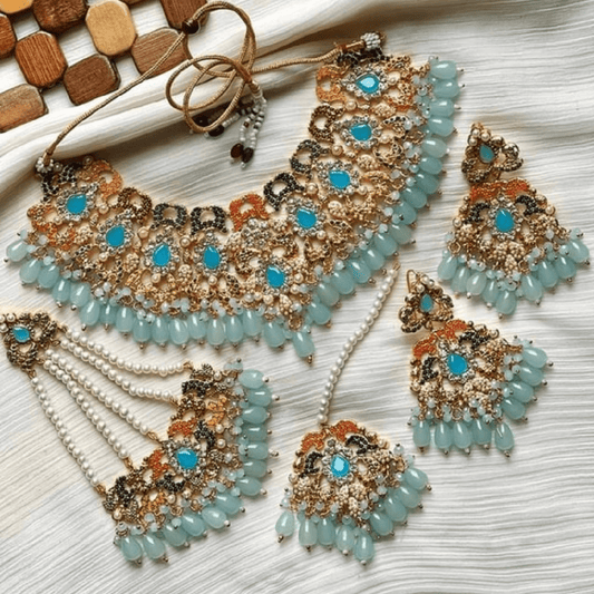 Asian Bridal 4 Piece Gold & Baby Blue Kundan Necklace Jewellery Set