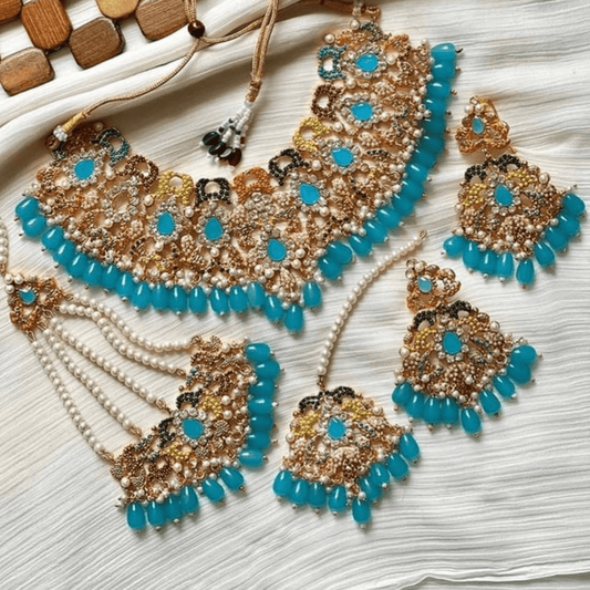 Asian Bridal 4 Piece Gold & Blue Kundan Necklace Jewellery Set