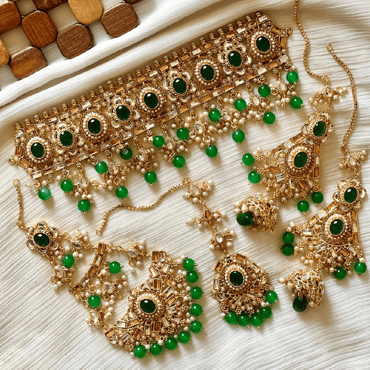 Asian Bridal 4 Piece Gold & Green Kundan Choker Necklace Jewellery Set