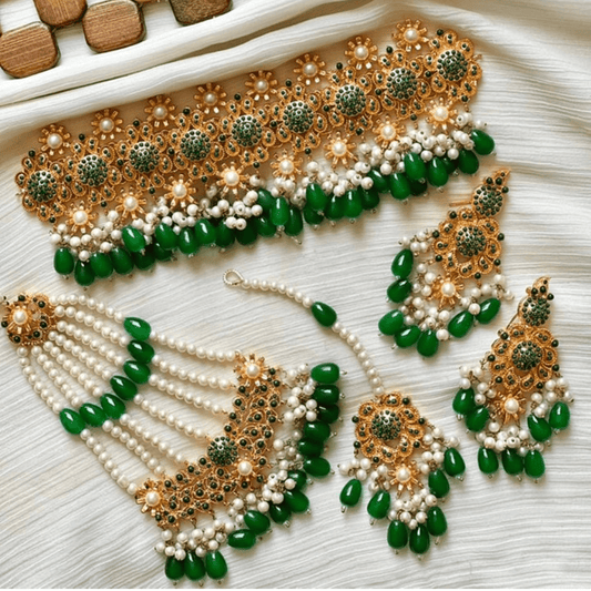 Asian Bridal 4 Piece Gold & Green Kundan Choker Necklace Jewellery Set