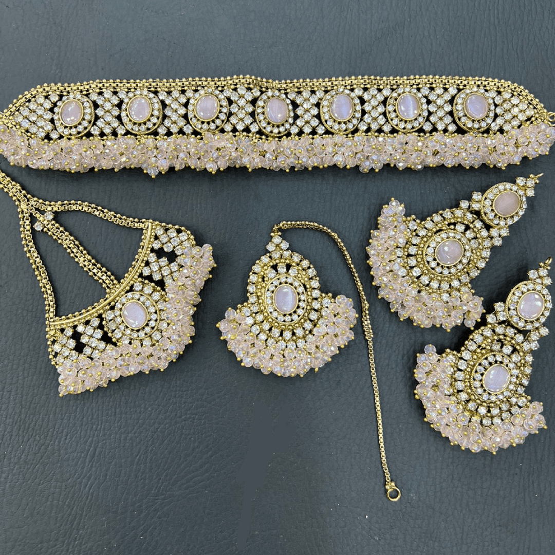 Asian Bridal 4 Piece Gold & Ivory Gajri Choker Necklace Kundan Jewellery Set