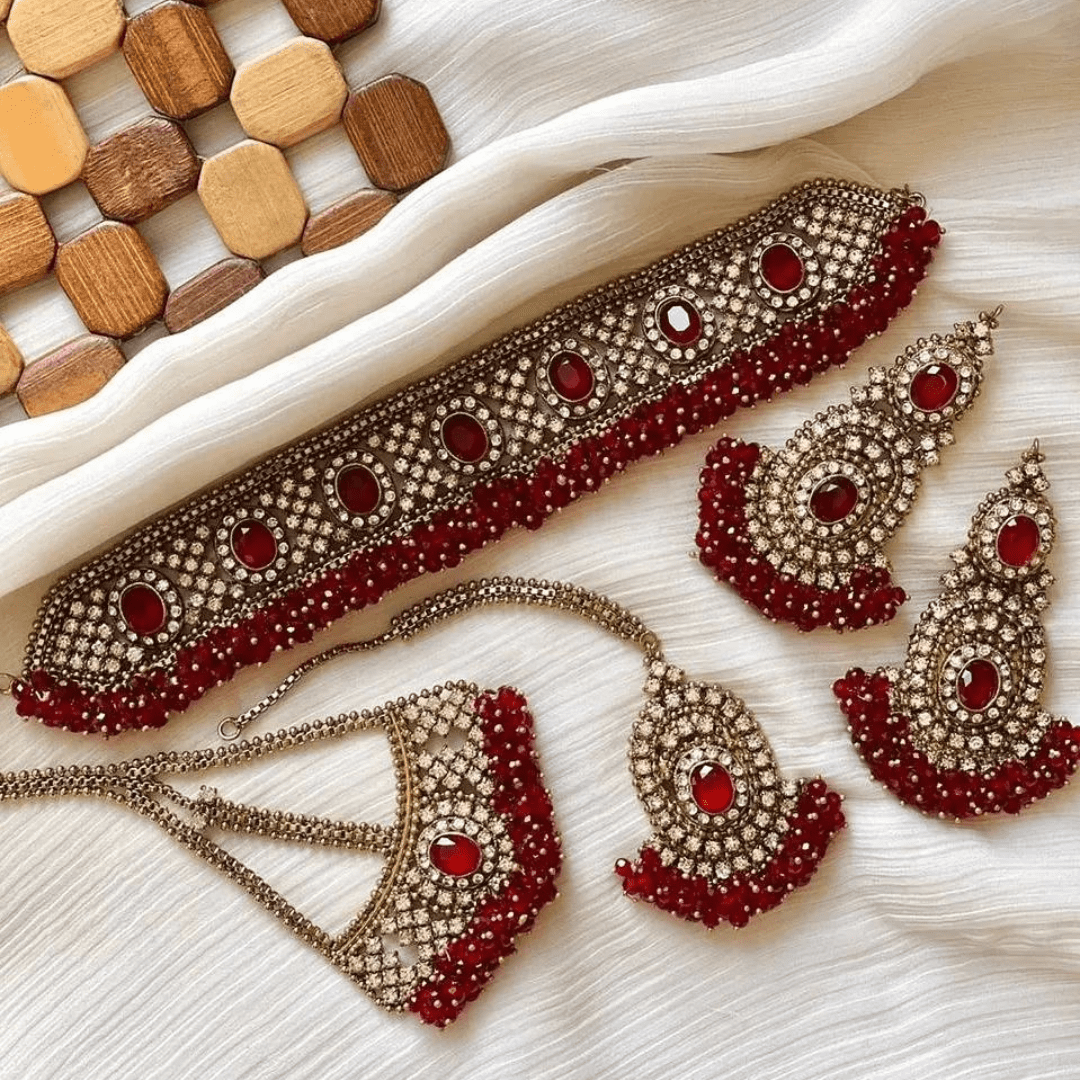 Asian Bridal 4 Piece Gold & Maroon Gajri Choker Necklace Kundan Jewellery Set