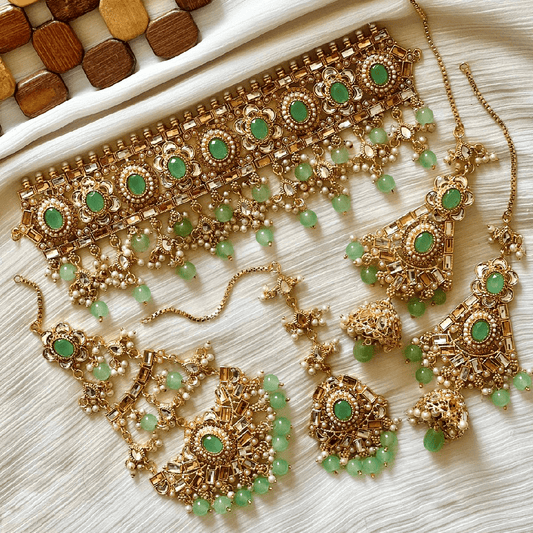 Asian Bridal 4 Piece Gold & Mint Green Kundan Choker Necklace Jewellery Set