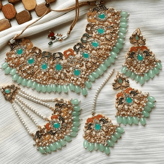 Asian Bridal 4 Piece Gold & Mint Green Kundan Necklace Jewellery Set