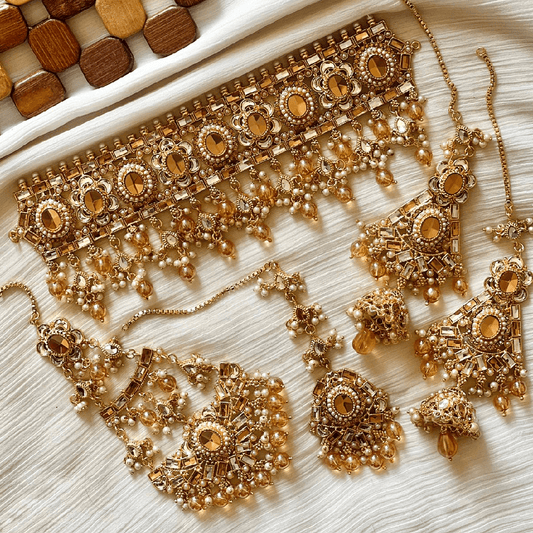 Asian Bridal 4 Piece Gold & Peach Kundan Choker Necklace Jewellery Set