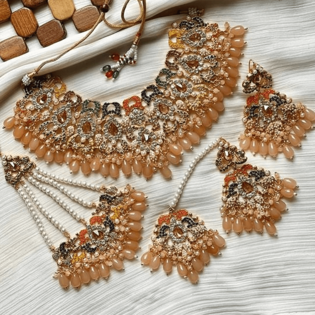 Asian Bridal 4 Piece Gold & Peach Kundan Necklace Jewellery Set