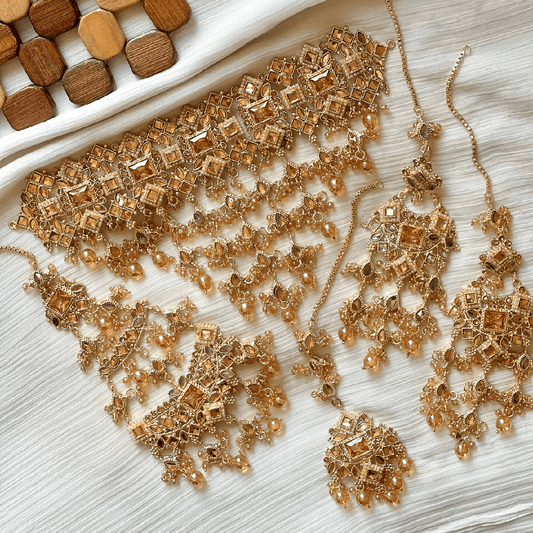 Asian Bridal 4 Piece Gold & Peach Necklace Jewellery Set