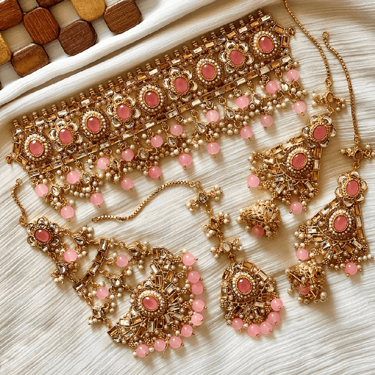 Asian Bridal 4 Piece Gold & Pink Kundan Choker Necklace Jewellery Set