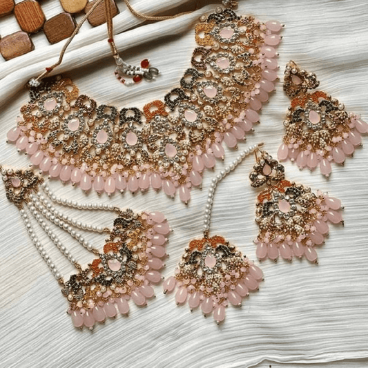 Asian Bridal 4 Piece Gold & Pink Kundan Necklace Jewellery Set