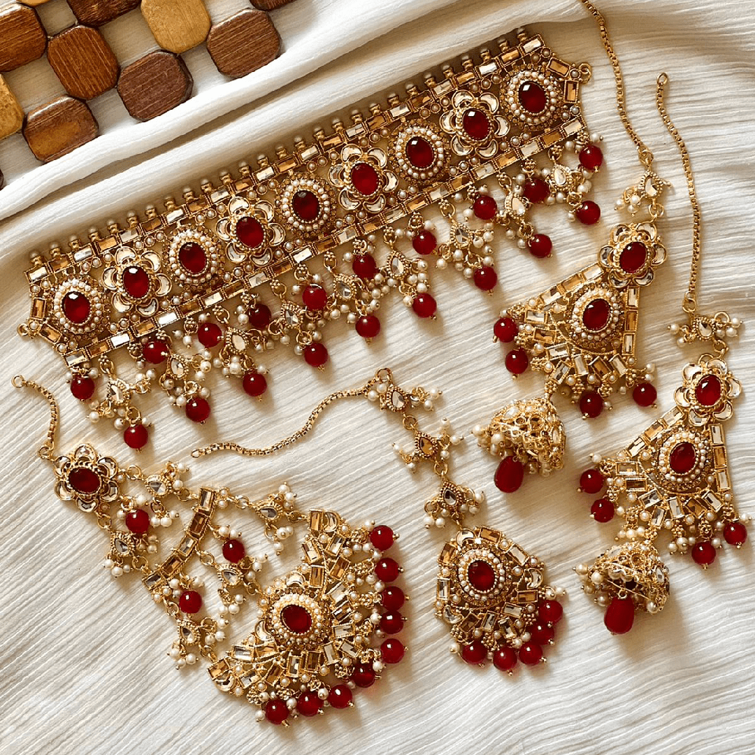 Asian Bridal 4 Piece Kundan Choker Necklace Jewellery Set