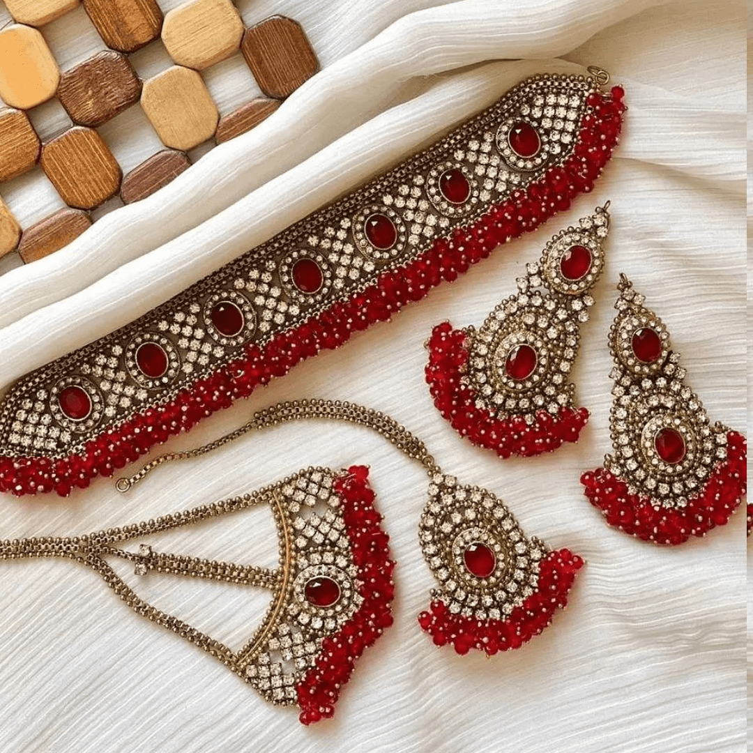 Asian Bridal 4 Piece Gold & Red Gajri Choker Necklace Kundan Jewellery Set