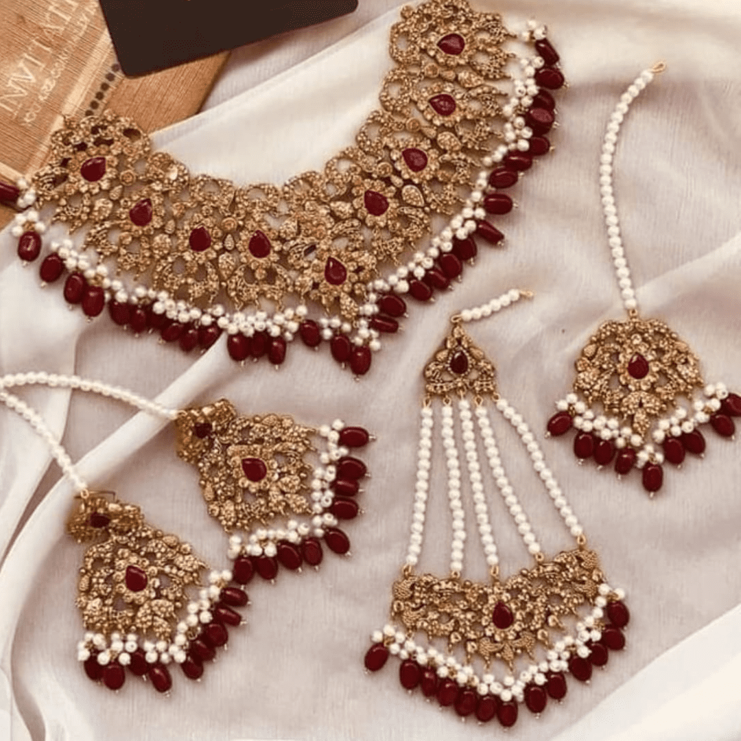 Asian Bridal 4 Piece Gold & Red Kundan Necklace Jewellery Set