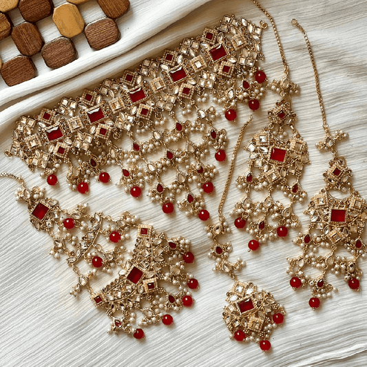 Asian Bridal 4 Piece Gold & Red Necklace Kundan Jewellery Set