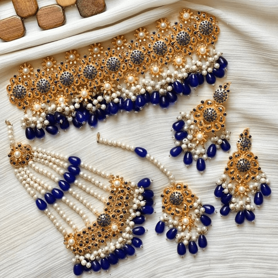 Asian Bridal 4 Piece Gold & Royal Blue Choker Kundan Necklace Jewellery Set