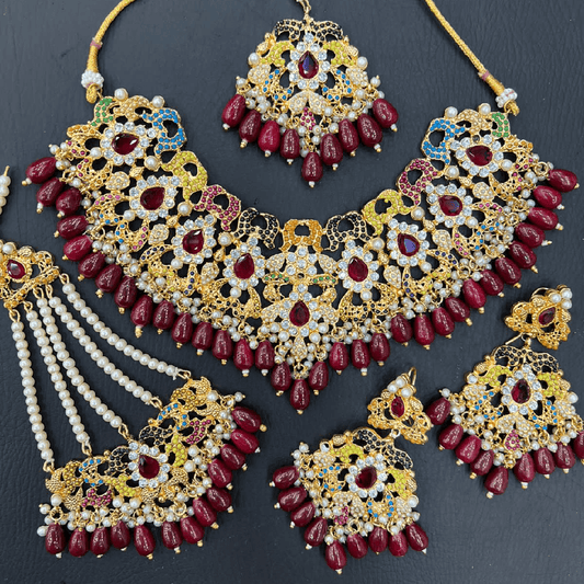 Asian Bridal 4 Piece Gold & Ruby Red Blue Kundan Necklace Jewellery Set