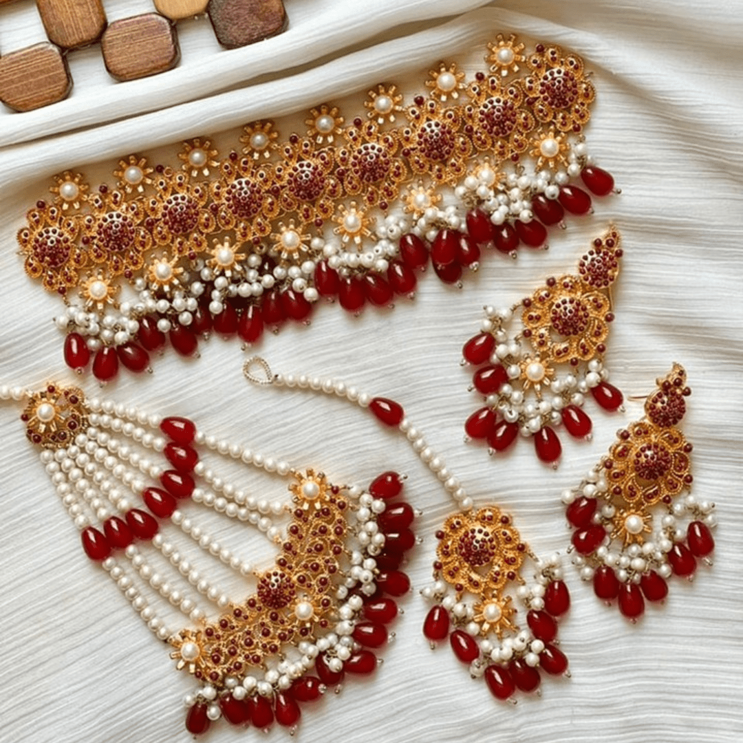 Asian Bridal 4 Piece Gold & Ruby Red Kundan Choker Necklace Jewellery Set