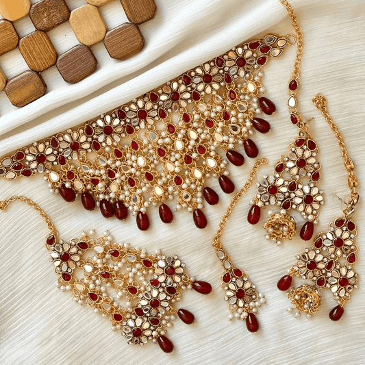 Asian Bridal 4 Piece Gold & Ruby Red Kundan Necklace Jewellery Set